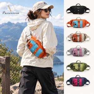 May include: A multi-functional waist bag featuring a top handle, adjustable strap, and front bungee cord system. The bag is displayed in six colour variations: black, orange and blue, tan and brown, grey and pink, olive green, and navy and magenta.