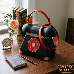 May include: A black handbag in the shape of a vintage rotary phone, featuring a red dial and handle. The bag has gold-coloured accents and is on a wooden surface. An address book, pen, and clock are also on the table. The words "SPECIAL SALE" are visible.