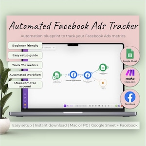 May include: A laptop screen shows "Automated Facebook Ads Tracker" with a pink and green design. The screen displays a workflow diagram with Google Sheets, Facebook, and Make.com icons. Text includes "Beginner friendly" and "Easy setup guide."