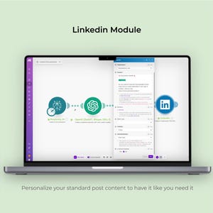 May include: A laptop screen showing the LinkedIn Module interface. The display features a workflow diagram with icons for Perplexity AI, OpenAI, and a LinkedIn logo. The text on the screen reads, "Personalize your standard post content to have it like you need it."