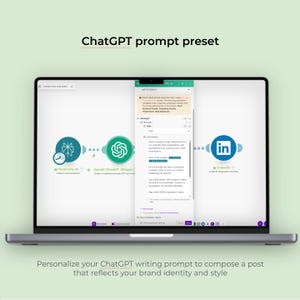 May include: A laptop screen shows a ChatGPT prompt preset interface. The display features a workflow diagram with icons and text, including "Perplexity AI" and "OpenAI." The LinkedIn logo is also visible. The text "ChatGPT prompt preset" and "Personalize your ChatGPT writing prompt" are also present.