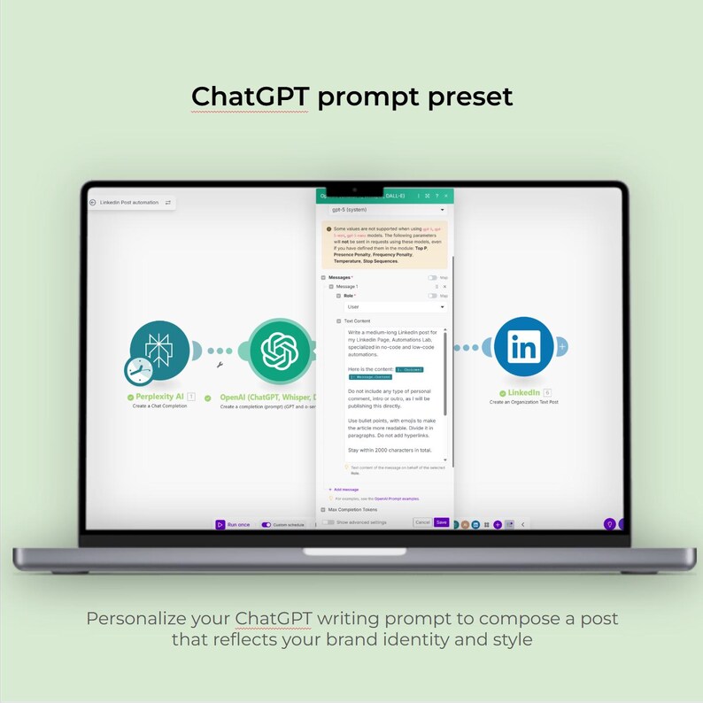 May include: A laptop screen shows a ChatGPT prompt preset interface. The display features a workflow diagram with icons and text, including "Perplexity AI" and "OpenAI." The LinkedIn logo is also visible. The text "ChatGPT prompt preset" and "Personalize your ChatGPT writing prompt" are also present.