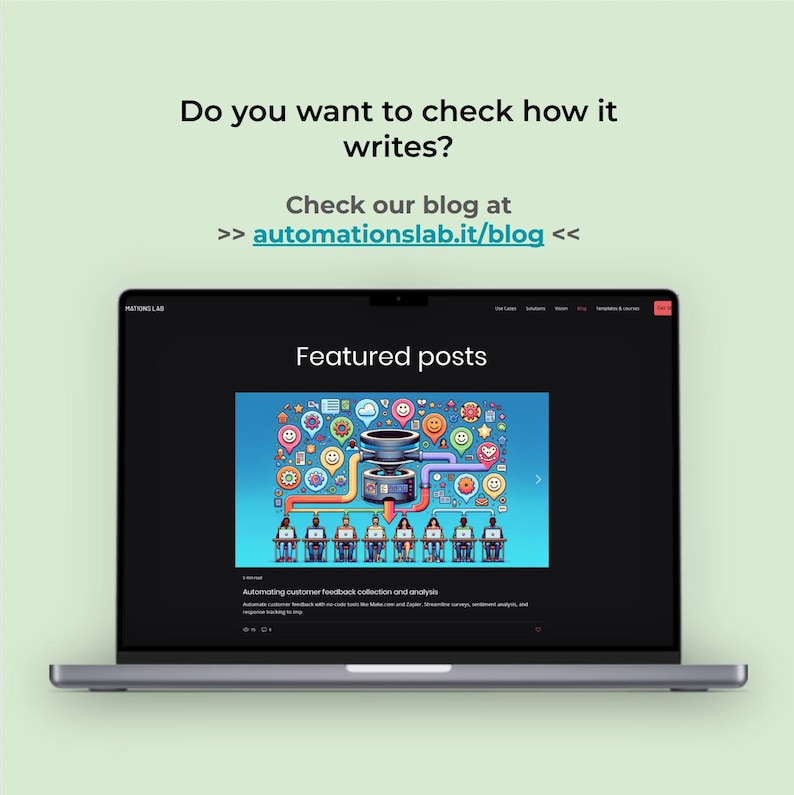 May include: A laptop displays a website with the text "Featured posts." The screen shows a colorful graphic with people working on computers. Above the laptop, text reads, "Do you want to check how it writes? Check our blog at automationslab.it/blog."