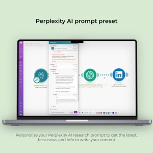 May include: A laptop screen shows the Perplexity AI interface, with the text "Perplexity AI prompt preset." The display features a workflow with LinkedIn, ChatGPT, and clock icons. The bottom text reads, "Personalize your Perplexity AI research prompt..."