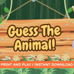 Puede incluir: Gráfico con temática de jungla con el texto "¡Adivina el animal!" en un letrero de madera. La imagen presenta un tucán, una jirafa, un perezoso y un elefante. El banner inferior dice "IMPRIME Y JUEGA I DESCARGA INSTANTÁNEA".