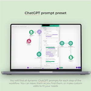 May include: A silver laptop displays a workflow diagram with the text "ChatGPT prompt preset." The screen shows a series of interconnected icons and text boxes, with the words "Google Sheets" and "Webhooks" visible. The bottom of the screen reads, "You will find all dynamic ChatGPT prompts."