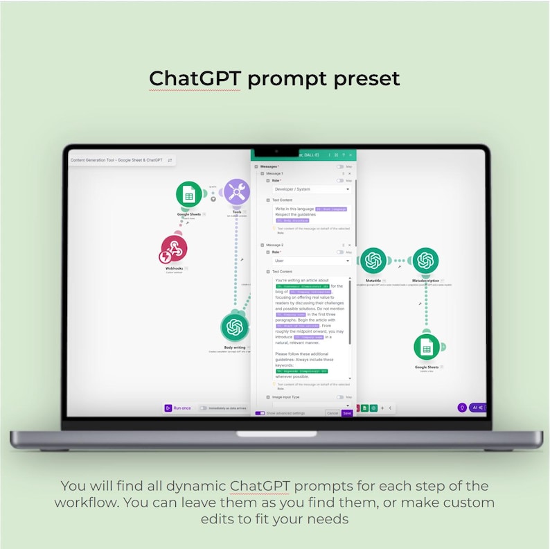 May include: A silver laptop displays a workflow diagram with the text "ChatGPT prompt preset." The screen shows a series of interconnected icons and text boxes, with the words "Google Sheets" and "Webhooks" visible. The bottom of the screen reads, "You will find all dynamic ChatGPT prompts."