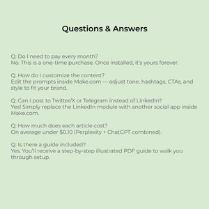 May include: A light green background with the heading "Questions & Answers" in black. The image presents a list of questions and answers in a clear, readable format, covering topics such as customization and pricing.