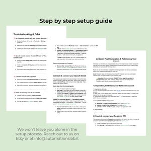 May include: A step-by-step setup guide with troubleshooting and Q&A. The guide provides instructions for connecting to OpenAI and Perplexity APIs, and importing a JSON file. The text "We won't leave you alone in the setup process" is also visible.