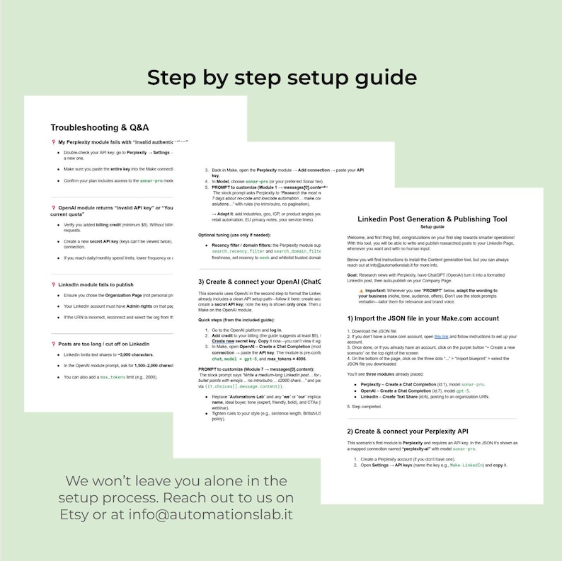 May include: A step-by-step setup guide with troubleshooting and Q&A. The guide provides instructions for connecting to OpenAI and Perplexity APIs, and importing a JSON file. The text "We won't leave you alone in the setup process" is also visible.