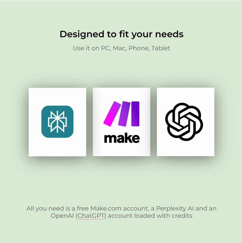 May include: Three app icons on white squares against a pale green background. The first icon is teal with a white snowflake design. The second icon has the word "make" below three purple rectangles. The third icon is a black and white abstract design.