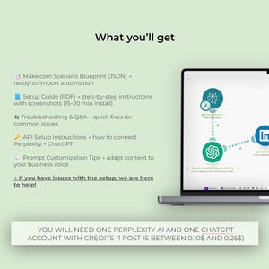 May include: A laptop screen shows a diagram with green and blue icons, including a clock and a swirling design. Text on the screen mentions OpenAI, ChatGPT, and LinkedIn. The image also includes a list of features, such as a setup guide and troubleshooting.