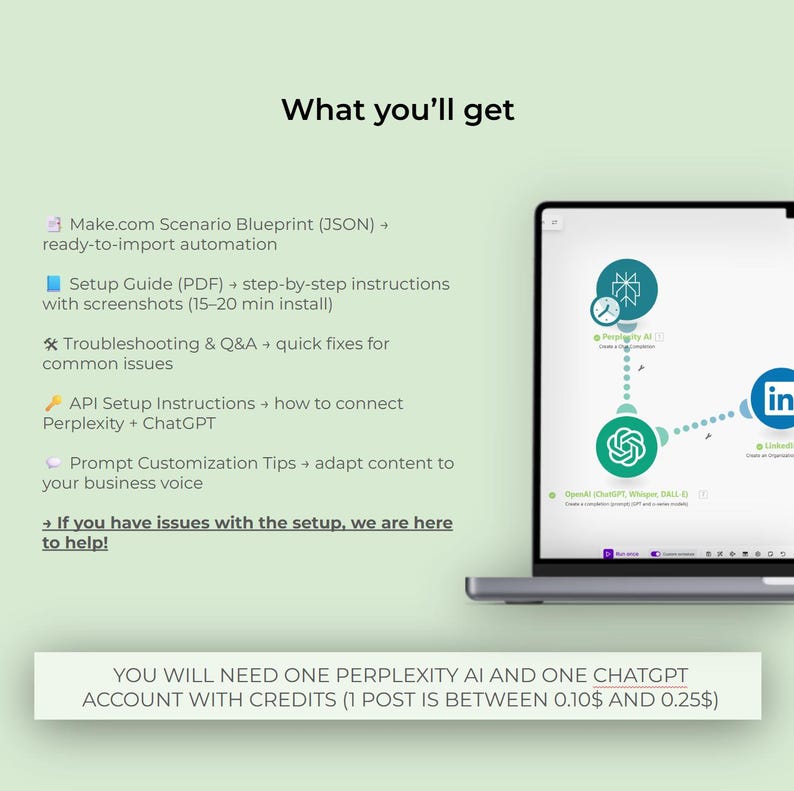 May include: A laptop screen shows a diagram with green and blue icons, including a clock and a swirling design. Text on the screen mentions OpenAI, ChatGPT, and LinkedIn. The image also includes a list of features, such as a setup guide and troubleshooting.