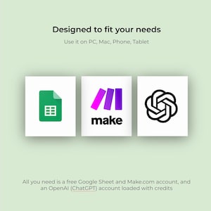 May include: Image features three icons on white backgrounds against a light green backdrop. The icons represent Google Sheets, Make.com, and an abstract design. Text reads "Designed to fit your needs" and "Use it on PC, Mac, Phone, Tablet."