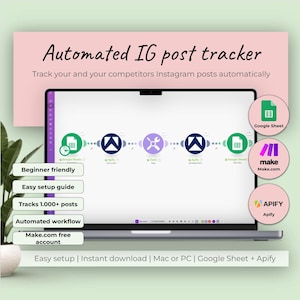 May include: A laptop screen displays a workflow diagram for an automated Instagram post tracker. The pink header reads "Automated IG post tracker." The diagram includes icons for Google Sheets, Make.com, and Apify. Text highlights features like "Beginner friendly" and "Automated workflow."
