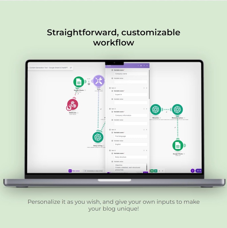 May include: A silver laptop displays a workflow diagram with green, pink, and purple icons. The text "Straightforward, customizable workflow" is at the top. The bottom text reads "Personalize it as you wish, and give your own inputs to make your blog unique!"