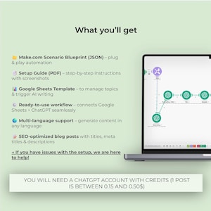 May include: A laptop displays a workflow diagram with green and purple elements. Text on the screen includes "Ready-to-use workflow" and "SEO-optimized blog posts." The image also lists features like a Make.com Blueprint and multi-language support. The text at the bottom says "YOU WILL NEED A CHATGPT ACCOUNT WITH CREDITS".