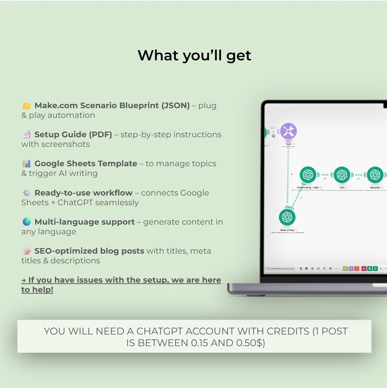 May include: A laptop displays a workflow diagram with green and purple elements. Text on the screen includes "Ready-to-use workflow" and "SEO-optimized blog posts." The image also lists features like a Make.com Blueprint and multi-language support. The text at the bottom says "YOU WILL NEED A CHATGPT ACCOUNT WITH CREDITS".