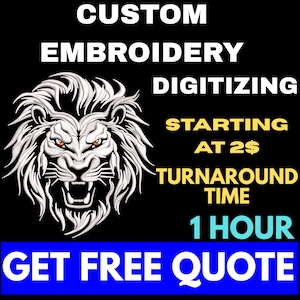 Op de afbeelding: Zwarte achtergrond met witte tekst "CUSTOM BORDUURWERK DIGITALISERING". Een gedetailleerde witte leeuwenkopafbeelding is gecentreerd. Gele tekst luidt "VANAF 2 €" en "DOORLOOPTIJD 1 UUR". Een blauwe banner onderaan zegt "KRIJG EEN GRATIS OFFERTE".