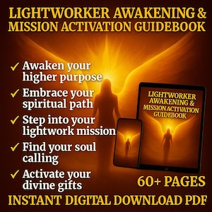 May include: A digital guidebook titled "LIGHTWORKER AWAKENING & MISSION ACTIVATION GUIDEBOOK" displayed on a tablet and smartphone. The cover features a silhouette with angel wings against a golden background. Text includes "Awaken your higher purpose" and "Instant Digital Download PDF."