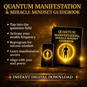 Peut inclure: Guide numérique intitulé "Quantum Manifestation & Miracle Mindset Guidebook" affiché sur une tablette et un smartphone. L'image présente une silhouette humaine lumineuse et des puces sur la manifestation. Le texte "Téléchargement numérique instantané" est également visible.