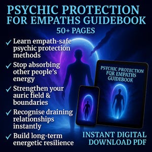 May include: Digital guidebook titled "Psychic Protection for Empaths" with 50+ pages. The image features a glowing human figure, a tablet, and a smartphone, all displaying the guidebook's title. The text highlights key benefits like learning psychic protection methods and building energetic resilience.