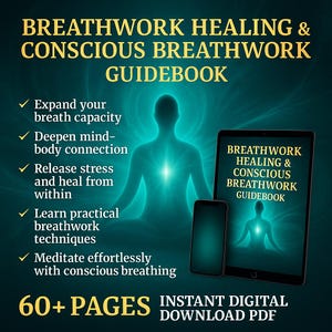 Op de afbeelding: Een afbeelding voor een digitale gids getiteld "Breathwork Healing & Conscious Breathwork Guidebook". Het toont een tablet en een telefoon met tekst en een oplichtend silhouet. De gids belooft hulp bij bewust ademhalen en bevat meer dan 60 pagina's.