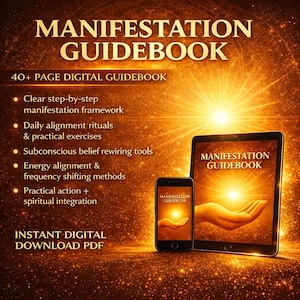 May include: A digital guidebook titled "Manifestation Guidebook" displayed on a tablet and smartphone. The image has a warm, golden color scheme with text highlighting features like manifestation framework and daily rituals. Instant digital download.