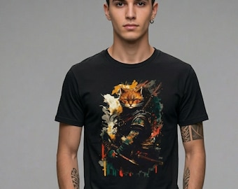 Camiseta de gato samurái - Camiseta con estampado de gato guerrero japonés
