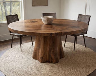 Mesa de comedor redonda de nogal, mesa de pedestal de madera maciza, mesa de cocina moderna orgánica, muebles de comedor rústicos de granja, mesa de madera hecha a mano