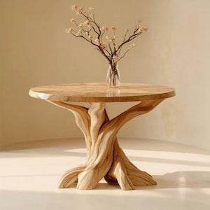Mesa de comedor redonda de madera, mesa con base de árbol escultural, muebles de comedor modernos y orgánicos, mesa de pedestal de madera maciza hecha a mano, mesa Japandi