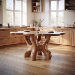 Mesa de comedor moderna de madera orgánica, mesa con pedestal escultural, mesa de cocina de madera maciza hecha a mano, muebles de comedor rústicos Japandi