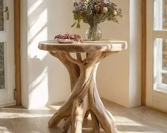 Rustic Round Side Table, Tree Root Pedestal Table, Handmade Solid Wood Accent Table, Organic Modern End Table, Natural Wood Drink Table