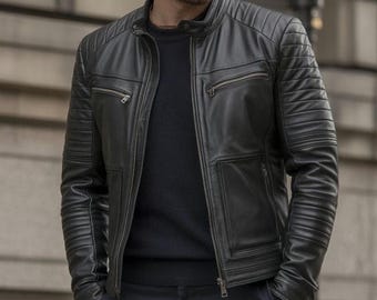 Herren schwarze Lederjacke | Stylischer Zipper & Snap Collar | Trendige Freizeitoberbekleidung | Wintermantel