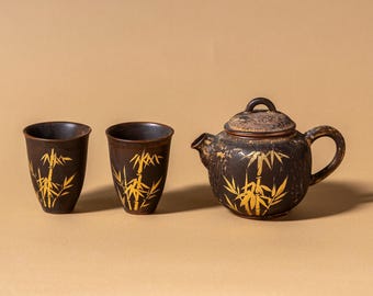 Handmade wood fire hand-painted 24k Gold Bamboo Japanese ceramic teapot with 2 cups 110ml