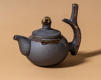Tetera de cerámica creativa de vajilla negra, tetera única de gongfu con forma de tronco de 240 ml