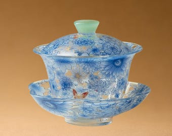 Gaiwan de cristal azul floral exquisito, hecho a mano y resistente al calor, 95 ml.
