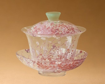 Gaiwan de vidrio rosa floral exquisito, hecho a mano y resistente al calor, 95 ml.