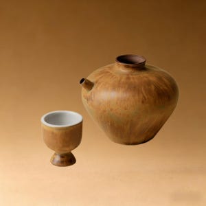 以下が含まれることがあります： 丸みを帯びた、注ぎ口のある茶色の釉薬のかかったカラフと、小さなカップが特徴の陶器の酒器セット。カラフは内側が濃い茶色で、カップは内側が白です。このセットは、日本酒を提供するために設計されています。