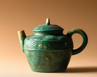 Handmade Coarse Pottery Teapot Green Lacquer Chinese Tea Pot 120ml
