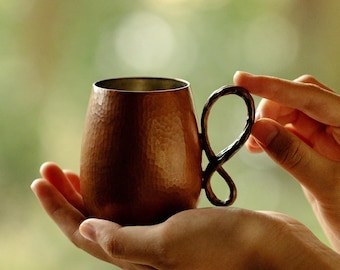 Handmade copper hammered coffee cup with handle