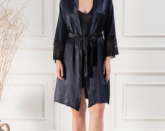 Black Satin Sleepwear and Elegant Revealing Lingerie - Satin Mini Nightgown - Lace Detail - Elegant and Comfortable Sleepwear.