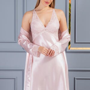 owder Satin Nightgown and Robe Set - Midi Kimono Robe and Slip Dress - Bridal Lingerie