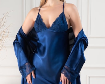 Women's Navy Blue Satin Nightgown Set with Lace | Available in S-XL | Lunoche Store
