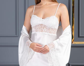 Elegant Ecru Silk Nightgown - Short Women's Sleep Dress -  Bridal Lingerie Nightgown & Wedding Morning Outfit