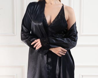 Black Elegant Nightgown & Robe Set - Women's Elegant Sleep Dress - Romantic Sleepwear