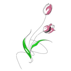 Puede incluir: Diseño bordado de dos tulipanes rosas con detalles negros y hojas verdes sobre fondo blanco. Los tallos y las hojas están delineados en negro, creando un aspecto delicado y artístico. Adecuado para proyectos de bordado.