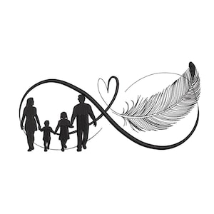 Può includere: Silhouette nera di una famiglia di quattro persone che camminano insieme, integrata in un simbolo infinito con un cuore e una piuma. Un'illustrazione semplice ed elegante, perfetta per lavori artigianali o decorazioni a tema familiare.