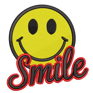 May include: Embroidered yellow smiley face with black eyes and a curved mouth. The word "Smile" is written in a black script with a red outline. The design is on a white background.