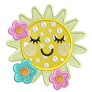 May include: Embroidered design of a smiling sun with closed eyes, white polka dots, and a black curved mouth. The sun is surrounded by light green rays and adorned with pink and turquoise flowers. The design is suitable for various craft projects.